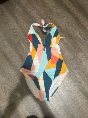 Bar III Multicolor Geometric Halter One-Piece Swimsuit